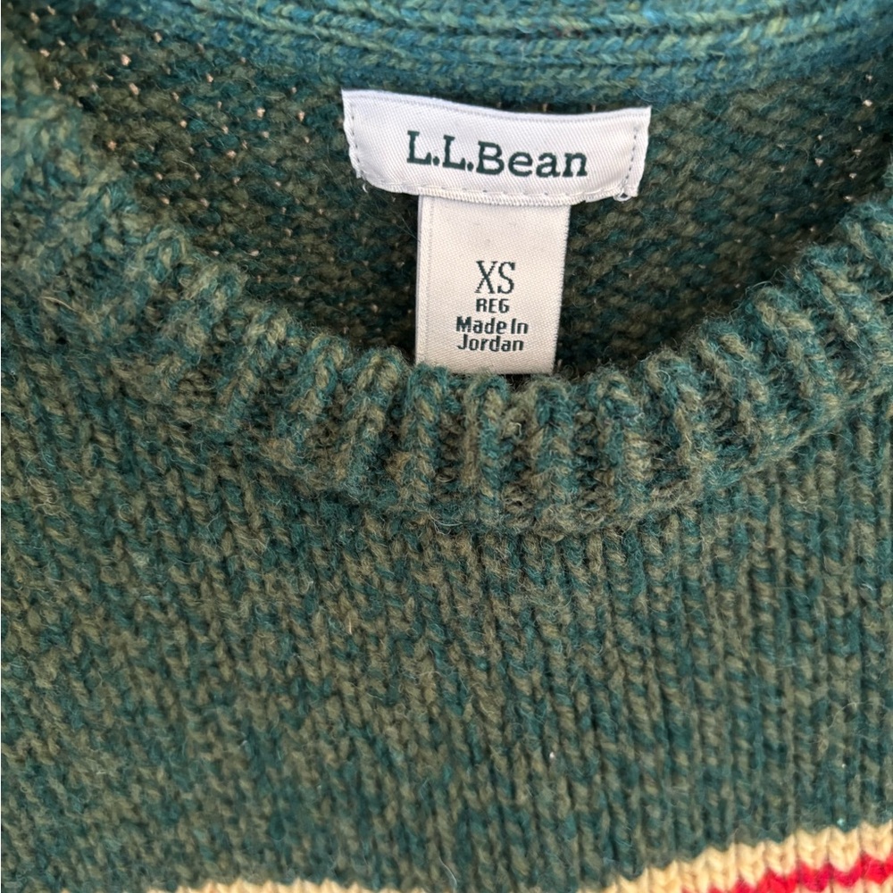 L.L.Bean Forest Green Lamb’s Wool Crewneck Sweater with Multicolor Scenic Stripe - Picture 3 of 6